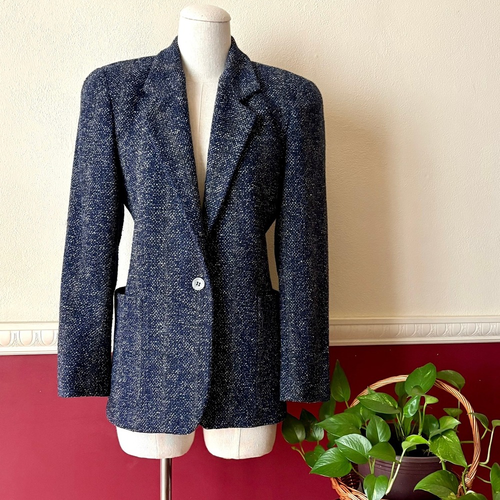 Vintage Liz Claiborne Wool Blend Tweed Blazer Navy Blue Petite 2 Made in USA